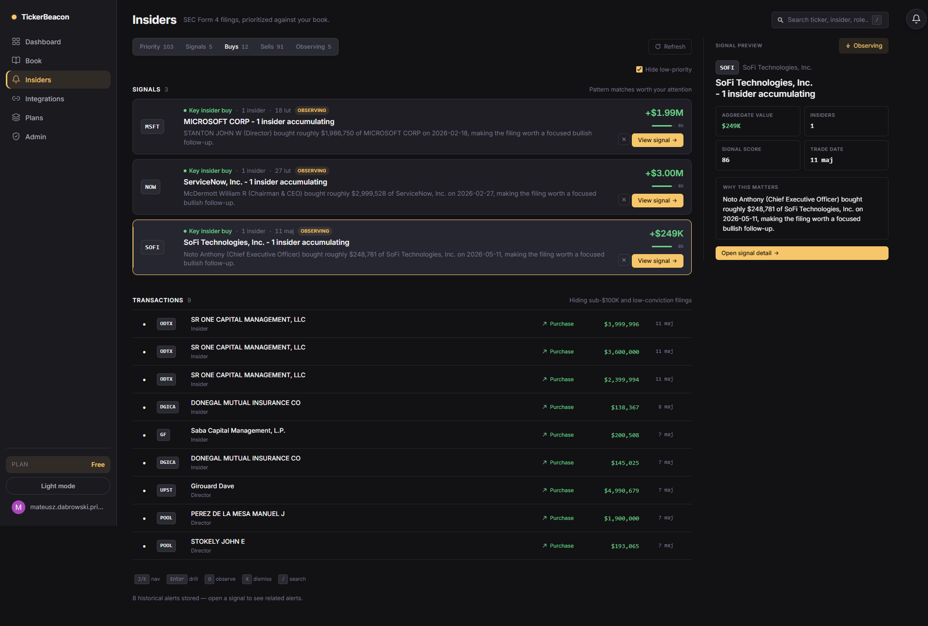 TickerBeacon insiders buys screen with observed signal preview