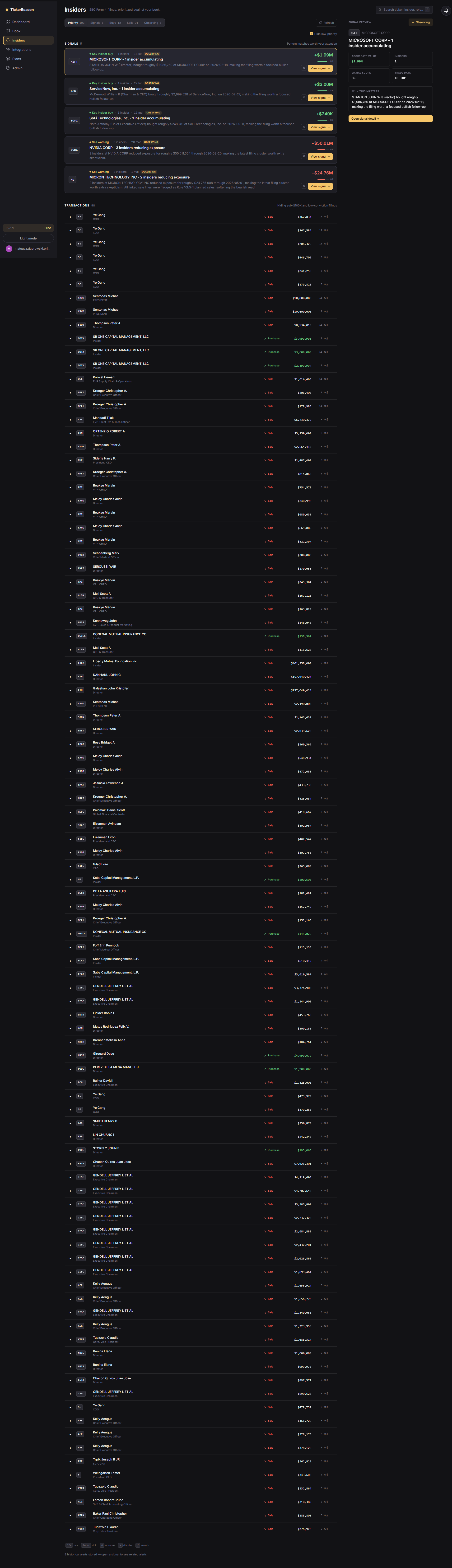 TickerBeacon insiders screen showing prioritized Form 4 signals and filing preview
